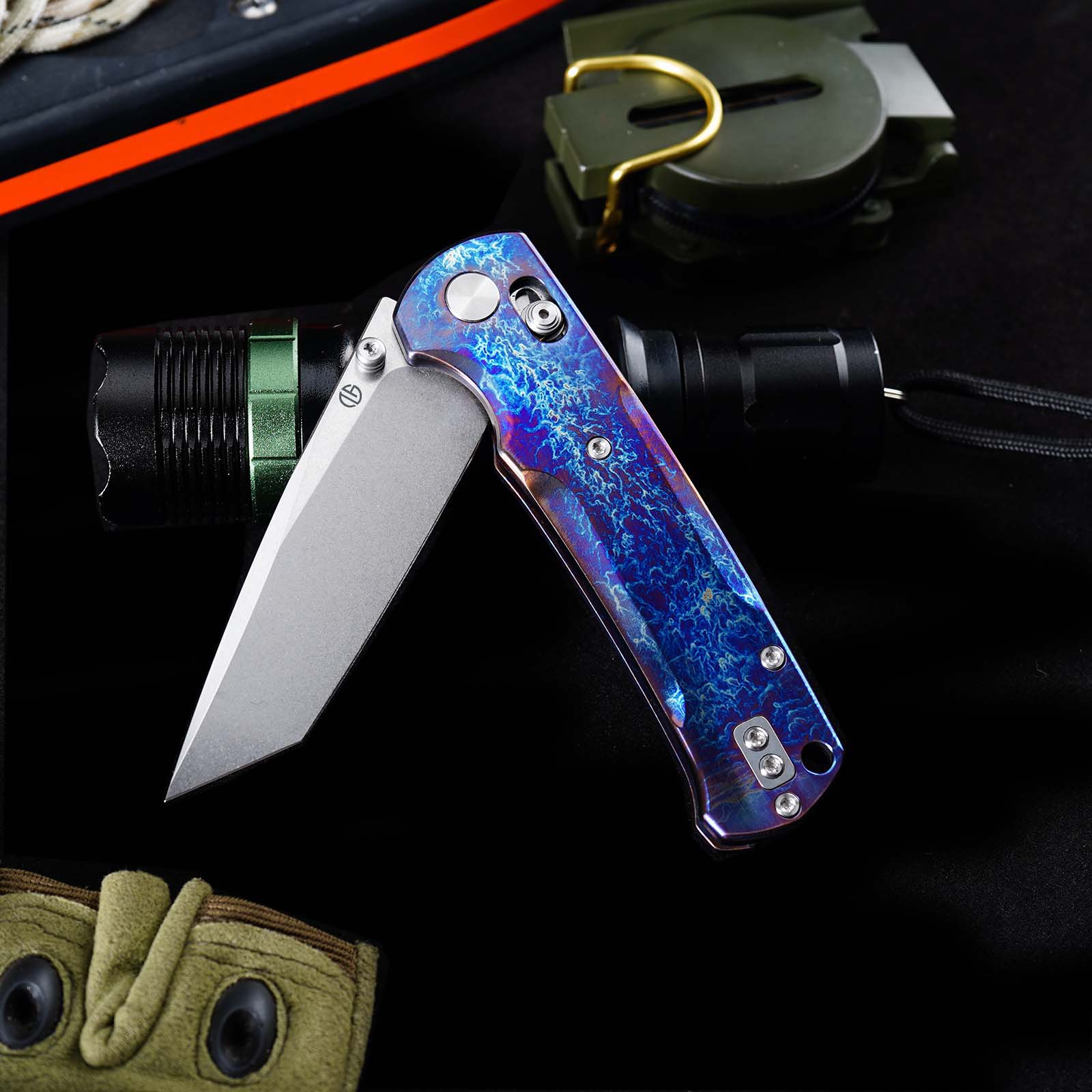 Tunafire Knife GT-T0039-1 VG-10 Steel Folding Knife, Puple Titanium Alloy Handle with Lightning Pattern, Ceramic Ball Bearing System EDC Pocket Knife