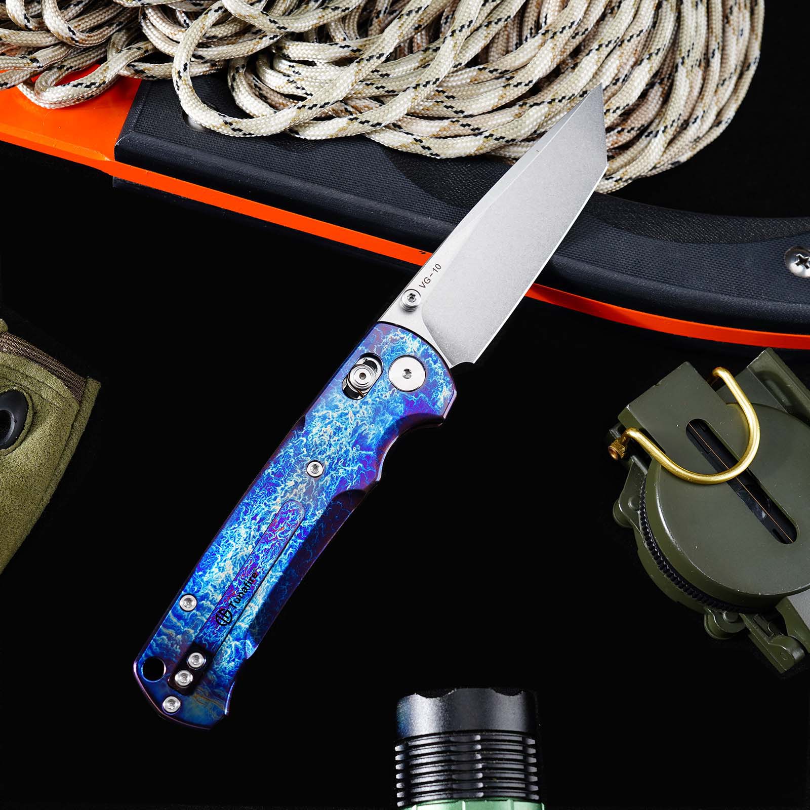 Tunafire Knife GT-T0039-1 VG-10 Steel Folding Knife, Puple Titanium Alloy Handle with Lightning Pattern, Ceramic Ball Bearing System EDC Pocket Knife