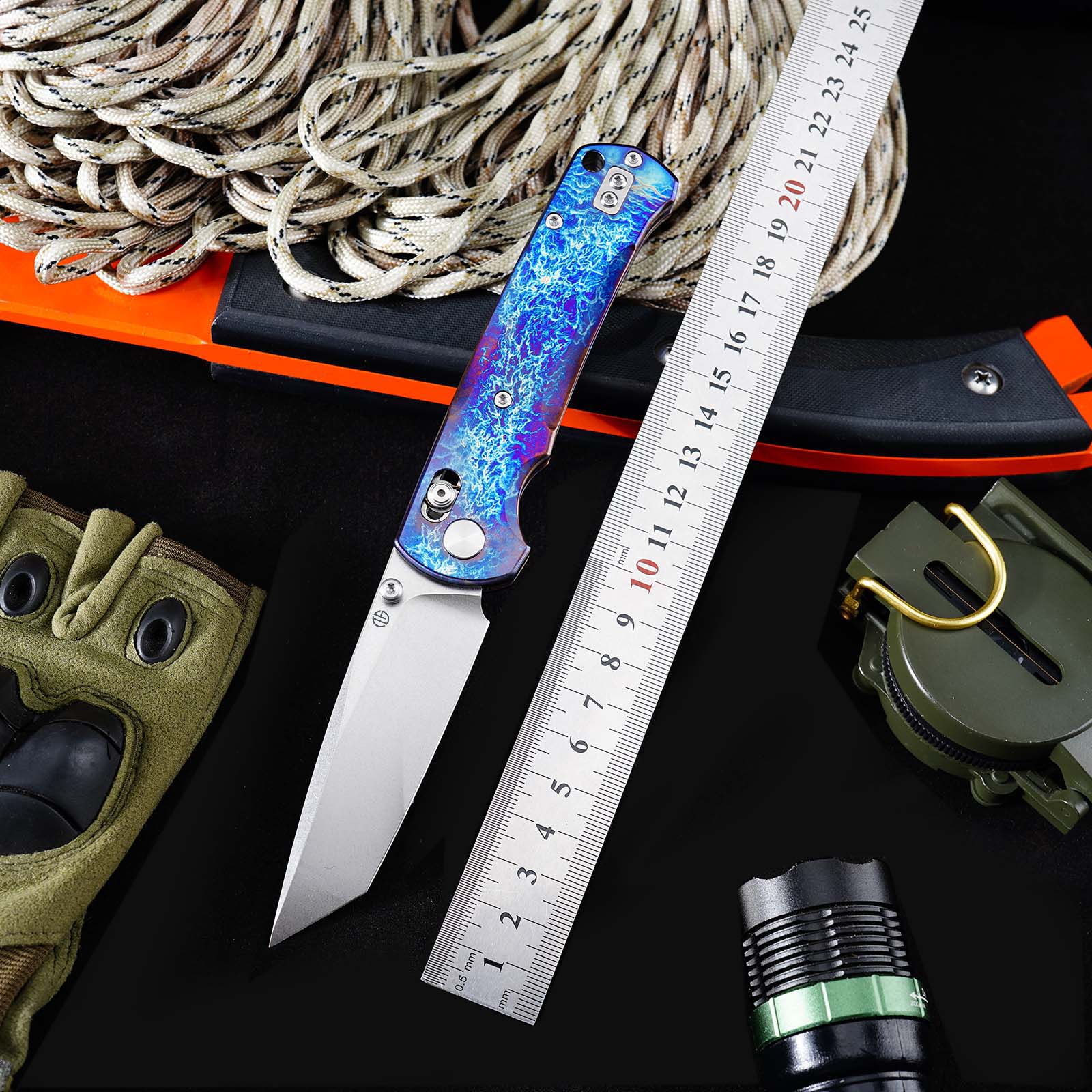 Tunafire Knife GT-T0039-1 VG-10 Steel Folding Knife, Puple Titanium Alloy Handle with Lightning Pattern, Ceramic Ball Bearing System EDC Pocket Knife