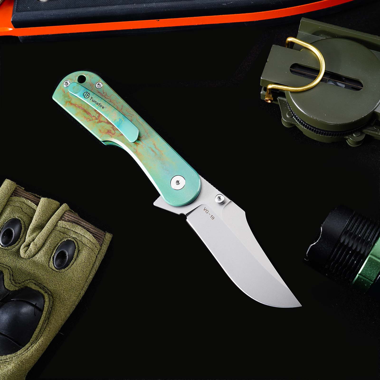 Tunafire GT-T0074-2 Knife VG10 Steel 2.9"Blade , Titanium Handle Ceramic Ball Bearing Pocket Knife EDC
