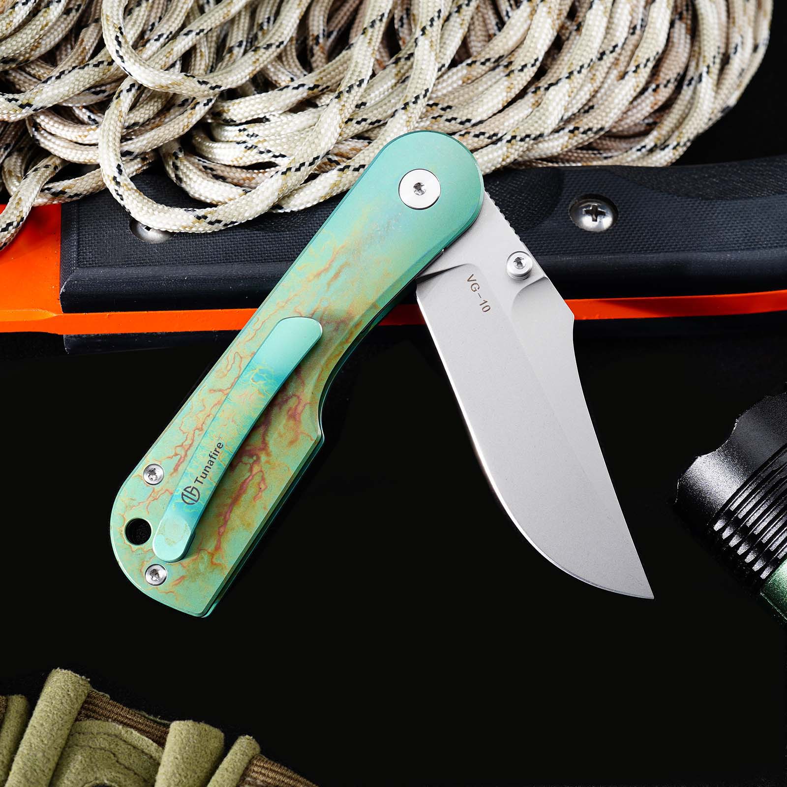 Tunafire GT-T0074-2 Knife VG10 Steel 2.9"Blade , Titanium Handle Ceramic Ball Bearing Pocket Knife EDC