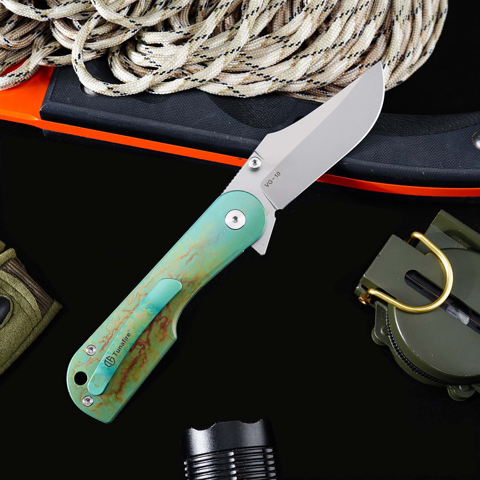 Tunafire GT-T0074-2 Knife VG10 Steel 2.9"Blade , Titanium Handle Ceramic Ball Bearing Pocket Knife EDC