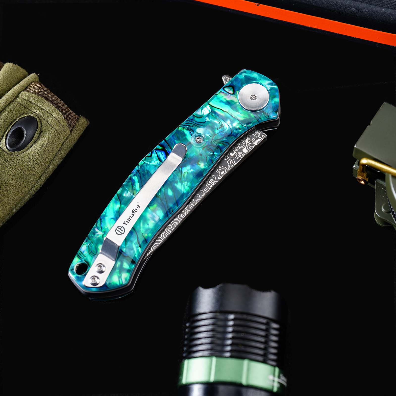 Tunafire Knife GT-K4020 VG10 Core 76 Layer Damascus Folding Knife, Colored Shell Handle Ball Bearing Pocket Knife