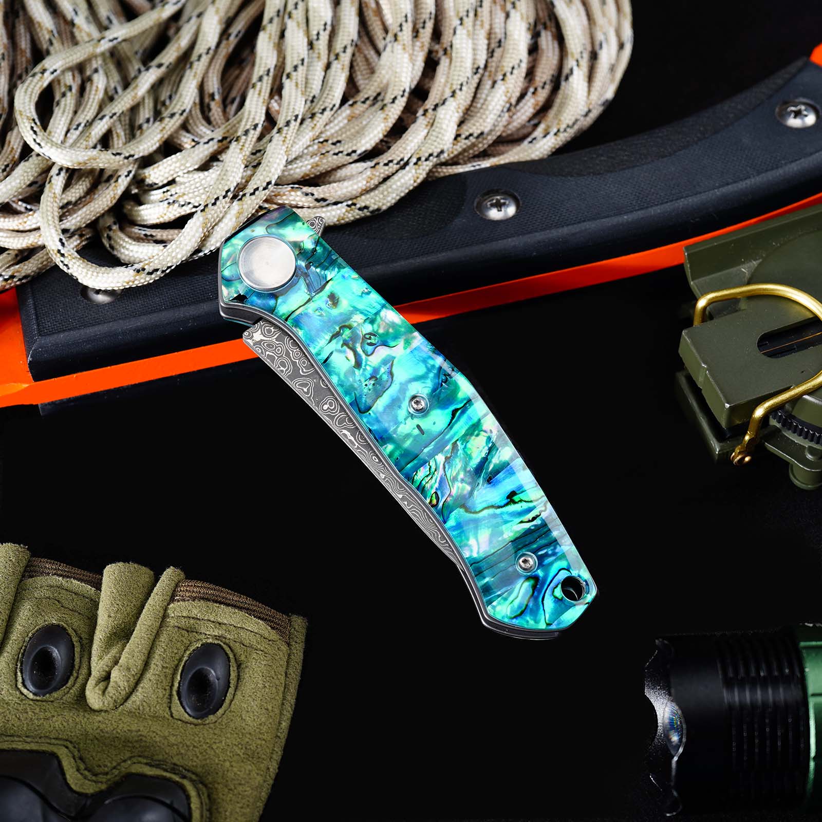 Tunafire Knife GT-K4020 VG10 Core 76 Layer Damascus Folding Knife, Colored Shell Handle Ball Bearing Pocket Knife