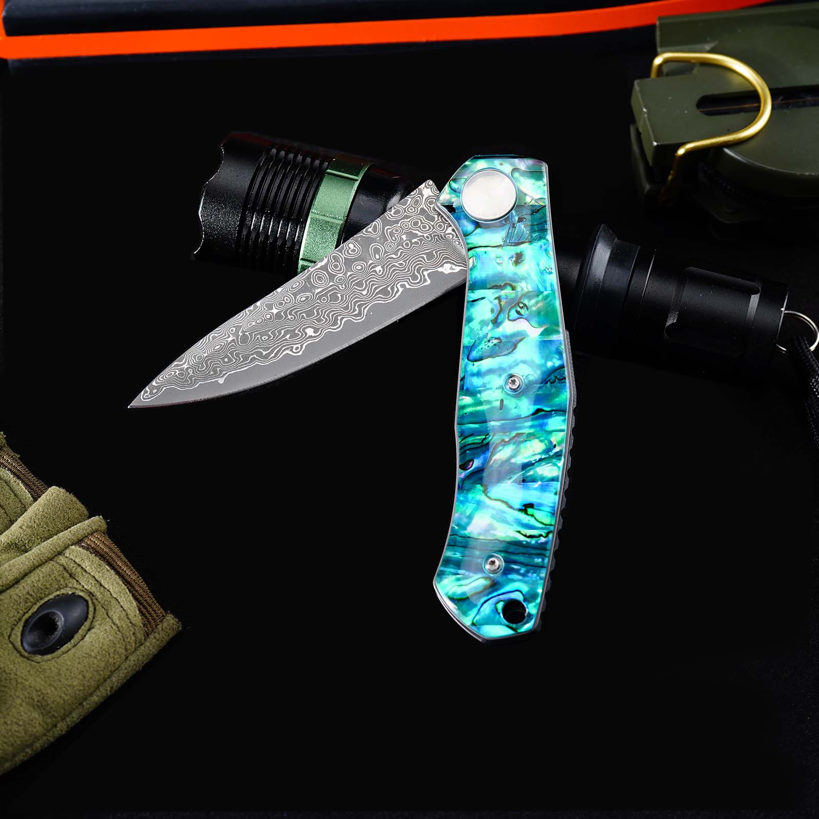 Tunafire Knife GT-K4020 VG10 Core 76 Layer Damascus Folding Knife, Colored Shell Handle Ball Bearing Pocket Knife